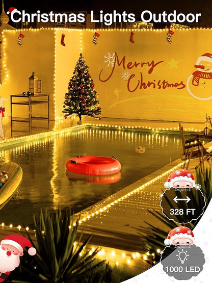 1000 LED 328 FT Outdoor Christmas Lights, IP67 Waterproof Twinkle String Lights with Remote 8 Modes and Timer Memory Function, Fairy Light for Holiday Garden Party Decorations(Warm White)