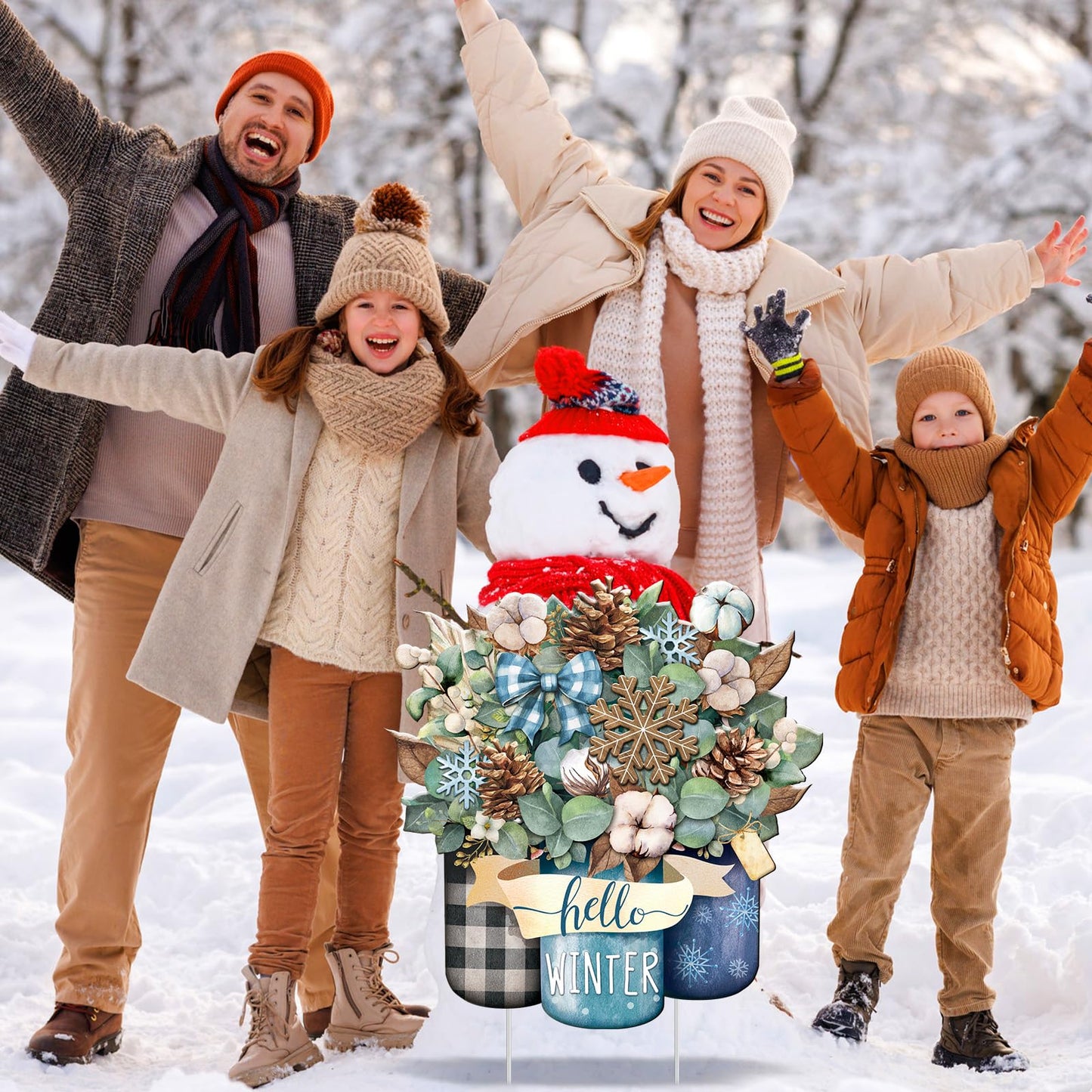Memorywuu Metal Winter Christmas Decoration Hello Winter Yard Sign Stake 14.2 Inch Snowflake Mason Jar Outdoor Yard Decor for Christmas Party Outside Lawn Decorations Garden Patio Walkway