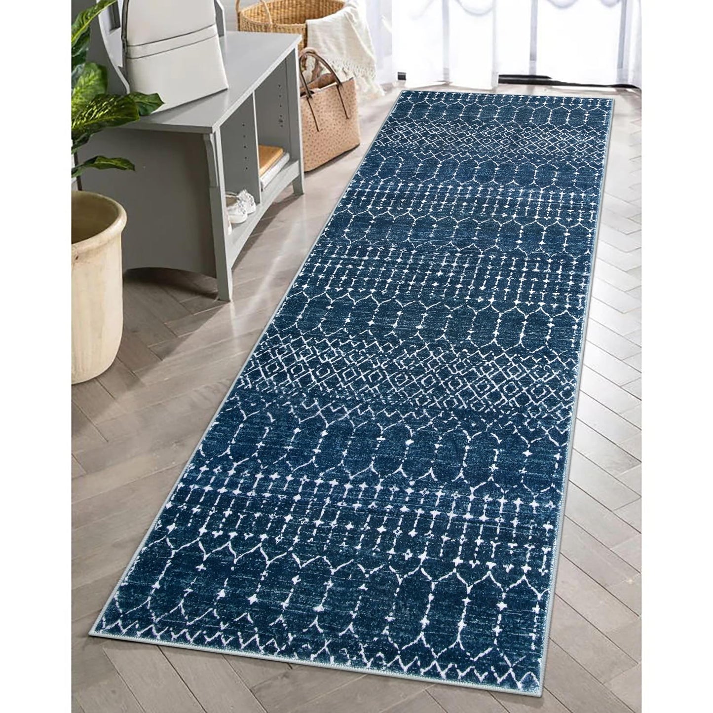 Lahome Moroccan Washable Kitchen Runner 2x8 Carpet Runners for Hallway 8Ft Low-Profile Non-Slip, Indoor Geometric Print Distressed Rug for Entryway Laundry Room Foyer Hana, Blue