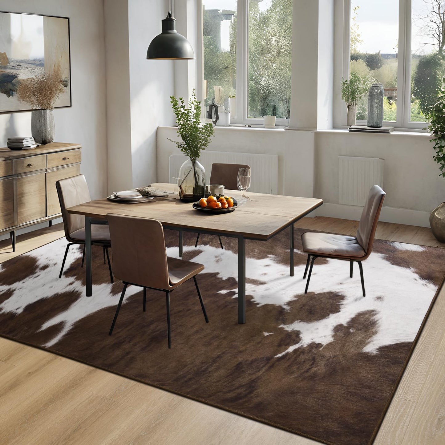 DweIke Cow Print Rug 4x6 – Brown Faux Cowhide Rugs, Washable Soft Non-Slip Stain Resistant Animal Cow Hide Carpet for Living Room Bedroom Dining Room Office, Western Home Decor