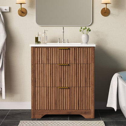IDEALHOUSE 30" Walnut Fluted Bathroom Vanity with Sink, Farmhouse Freestanding Bathroom Sink Cabinet with 2 Drawers & 1 Flip-Down Drawer, Easy Assembly & Cleaning