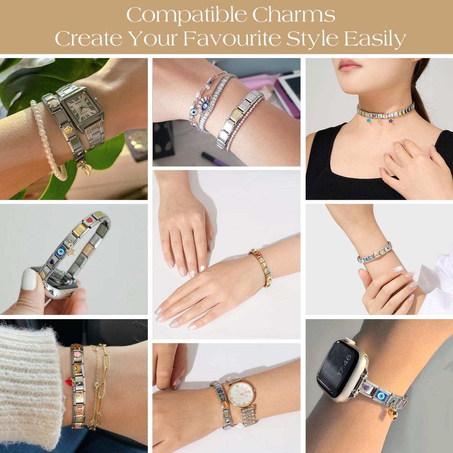 SWEETV Stainless Steel 18 Link Polish Italian Charm Bracelet with 1Pcs Starter Brascelet, 20Pcs Charms and Opening Tools, Classic 9mm Modular Charm, Personalized Jewelry Gift, E-Gold 20pcs charms