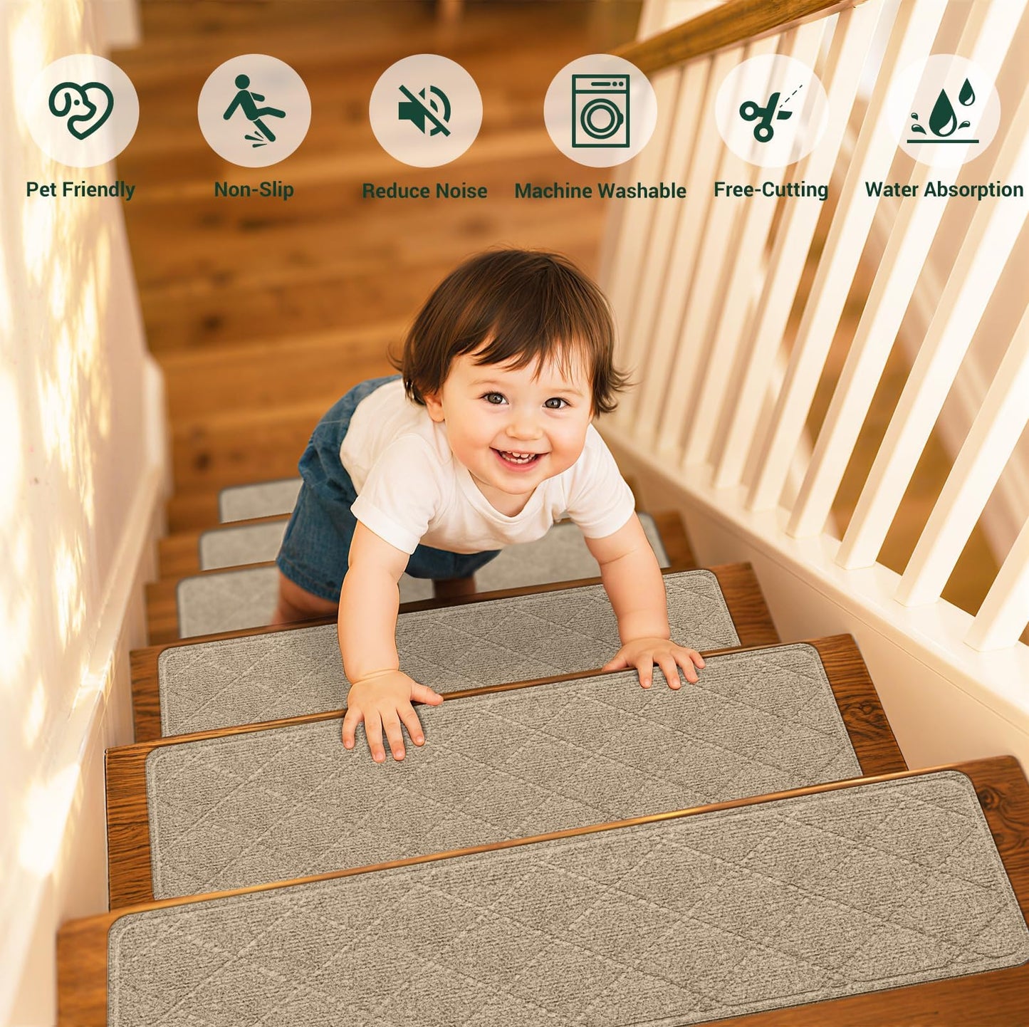 TranquilMoments Stair Treads Non-Slip for Wooden Steps, 15Pack - 8" x 30" Edging Stair Runner Indoor for Kids Elders & Pets, Washable Carpet Stair Treads with Peel & Stick Reusable TPE Backing, Beige