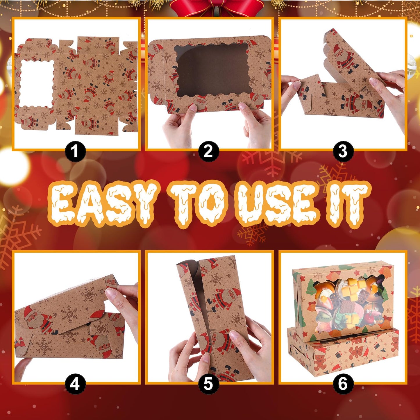 Gersoniel 24 Pieces Christmas Cookie Boxes with Window 8.5 x 6 x 2.5 Inch Kraft Christmas Treat Boxes for Gift Giving Holiday Cookie Containers Tins Cupcake Box for Gift Donut Xmas Party Supplies