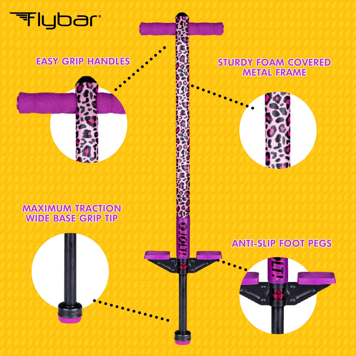 Flybar Jolt Pogo Stick for Kids, Perfect for Beginners w/ Foam-Covered Metal Frame, Handles & Padding, Non-Slip Foot Pads, Wide Tip, Outdoor Active Play Toy for Boys & Girls, Ages 6+, Leopard