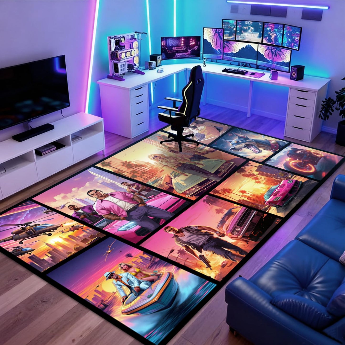 Gaming Area Rug Teen Boys Carpet, Non-Slip Comic Splicing Style Rug with Upgrade Rubber Backing, Stain Resistant Faux Wool Distressed Carpet for Game PlayRoom, Bedroom, Living Room (Autos, 79" x 59")