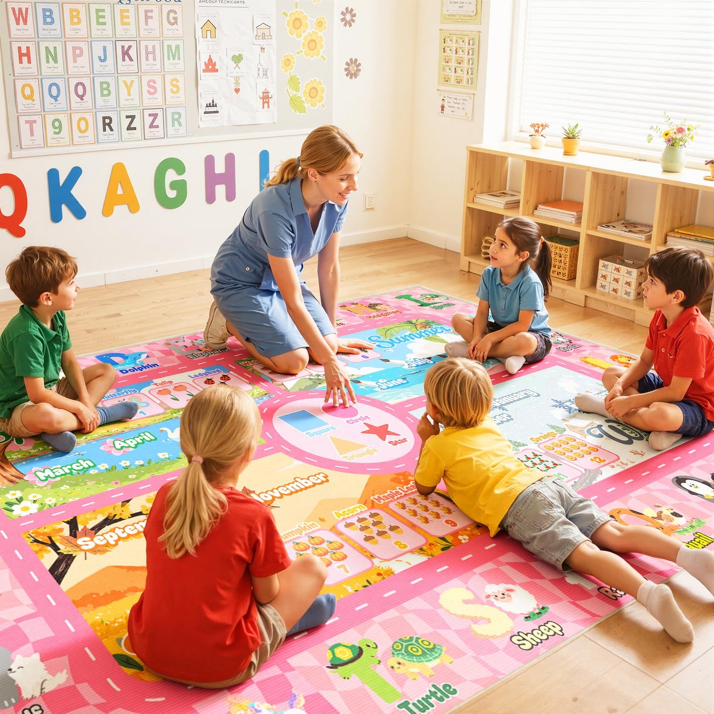 Auetwyona Kids Playroom Rug 4' x 6'- Educational Alphabet ABC Mat with Animals,Seasons & Numbers | Pink Classroom Rug & Playroom Essential Fun Play Mat Washable Kids Area Rug for Girls Bedroom