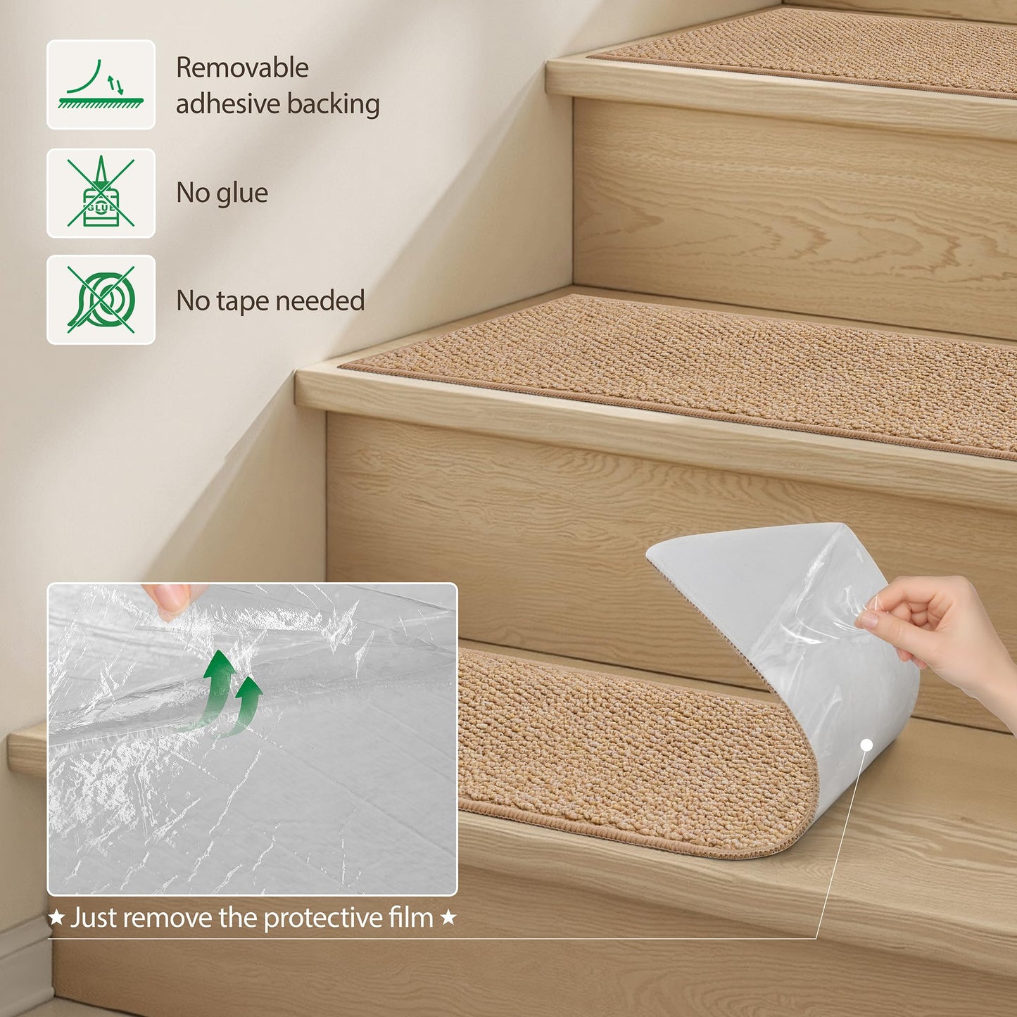 ComiComi 4PCS Non-Slip Stair Treads - 8"x30" Edging Stair Treads for Wooden Steps Washable Peel and Stick Indoor Stairs Tread Rug Stain Resistant Staircase Mat for Kids and Pets (4pc, Brown)