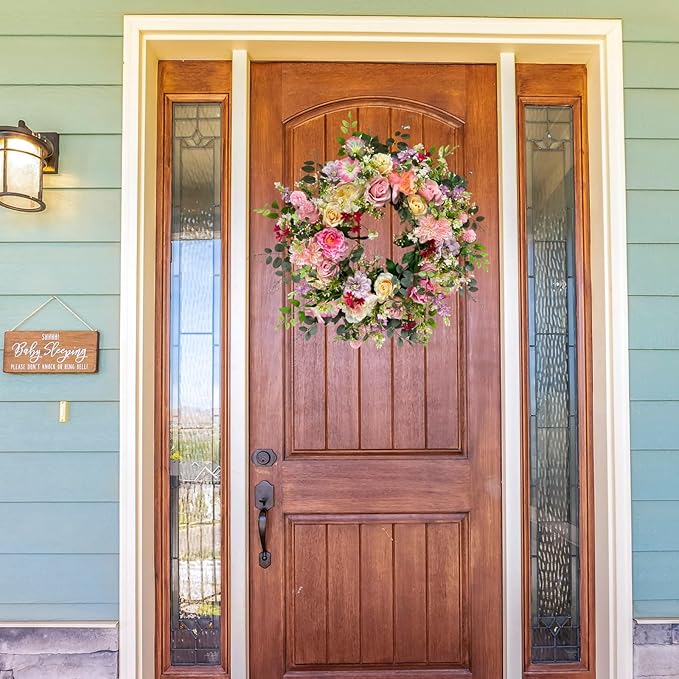 24 Inch Spring Summer Wreath for Front Door Outside Artificial Peonies Rose Flowers Morning Glory Mixed Flowers for Outdoor Front Door Indoor Wedding Wall Window Décor All Season