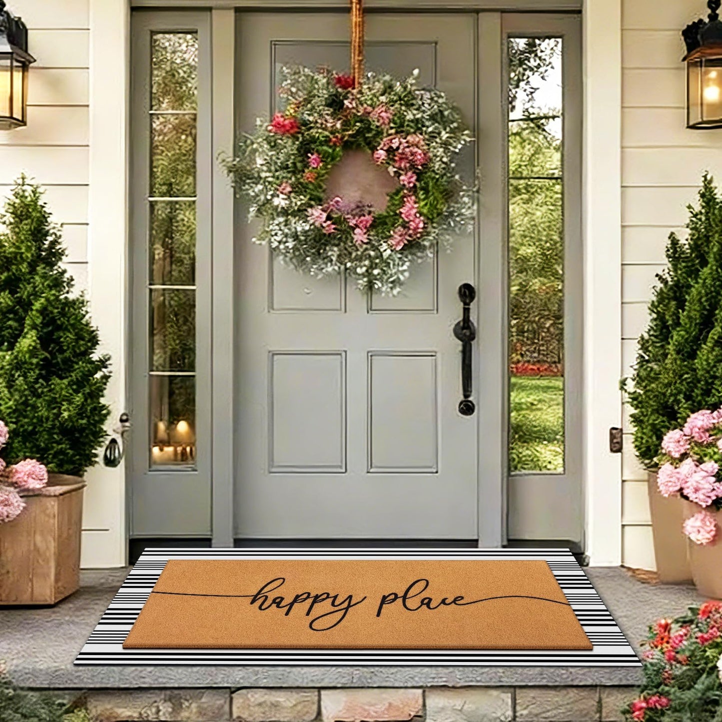 Tinideya 2 Pcs Summer Door Mat 17"x47" Happy Place Welcome Non Slip Coir Mats Large Floor Layering Black White Stripes Doormats Seasonal for Front Porch Entryway Decor