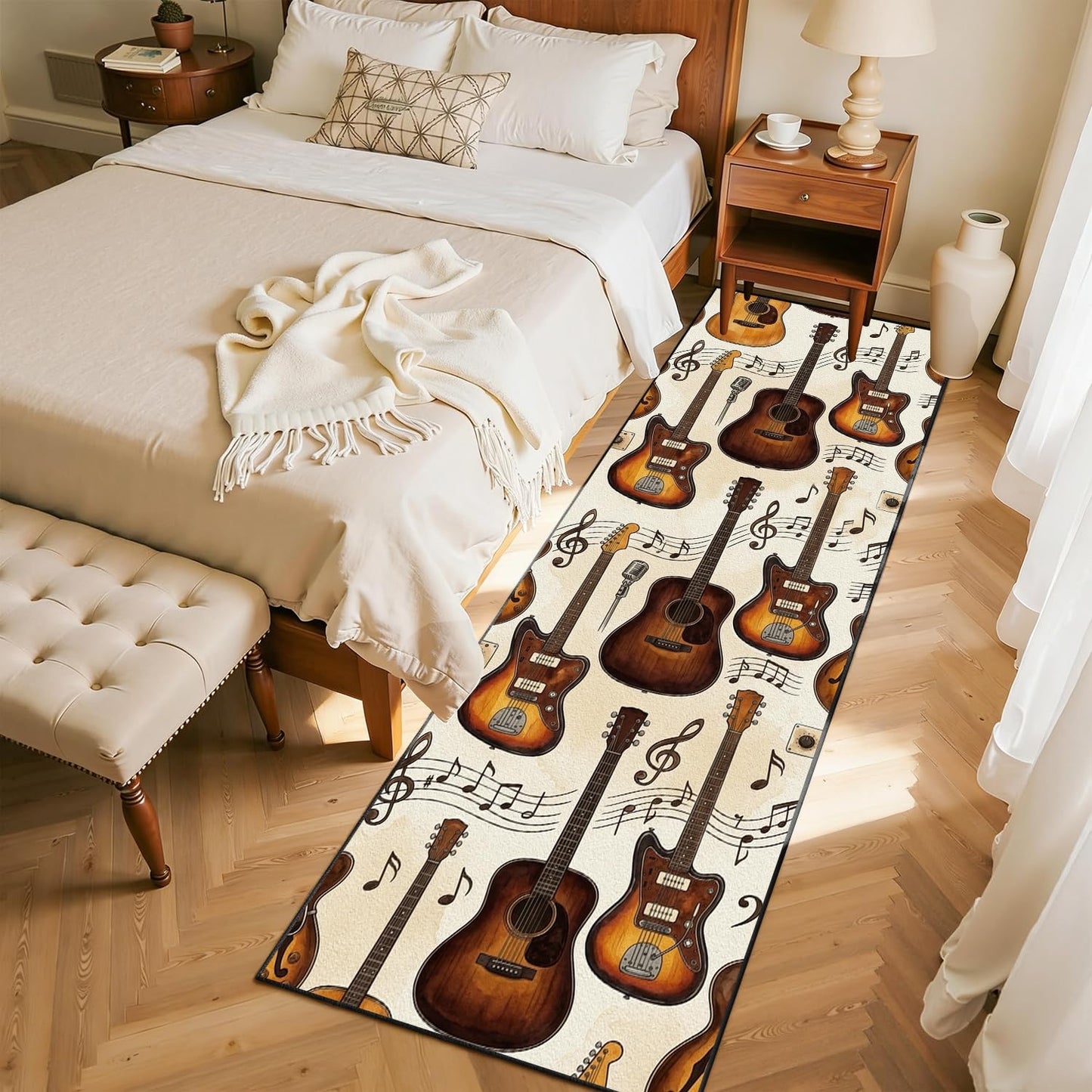 Vintage Guitar Runner Rug, 2x7ft American Style Studio Rug Musical Note and Acoustic Guitar Instrument Design, Musical Carpet for the Bedroom, Living Room, Classroom, Study, or Play Area
