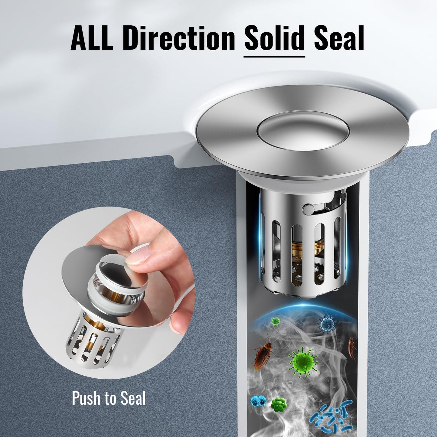 5-in-1 Bathroom Sink Stopper, 2 Pc Pop-Up Drain Stopper with Removable Hair Catcher, Anti-Clog Strainer, Odor Blocking & One-Way Flow Design, Brass & Stainless Steel All Metal Made, Fit 1.1"–2.36"