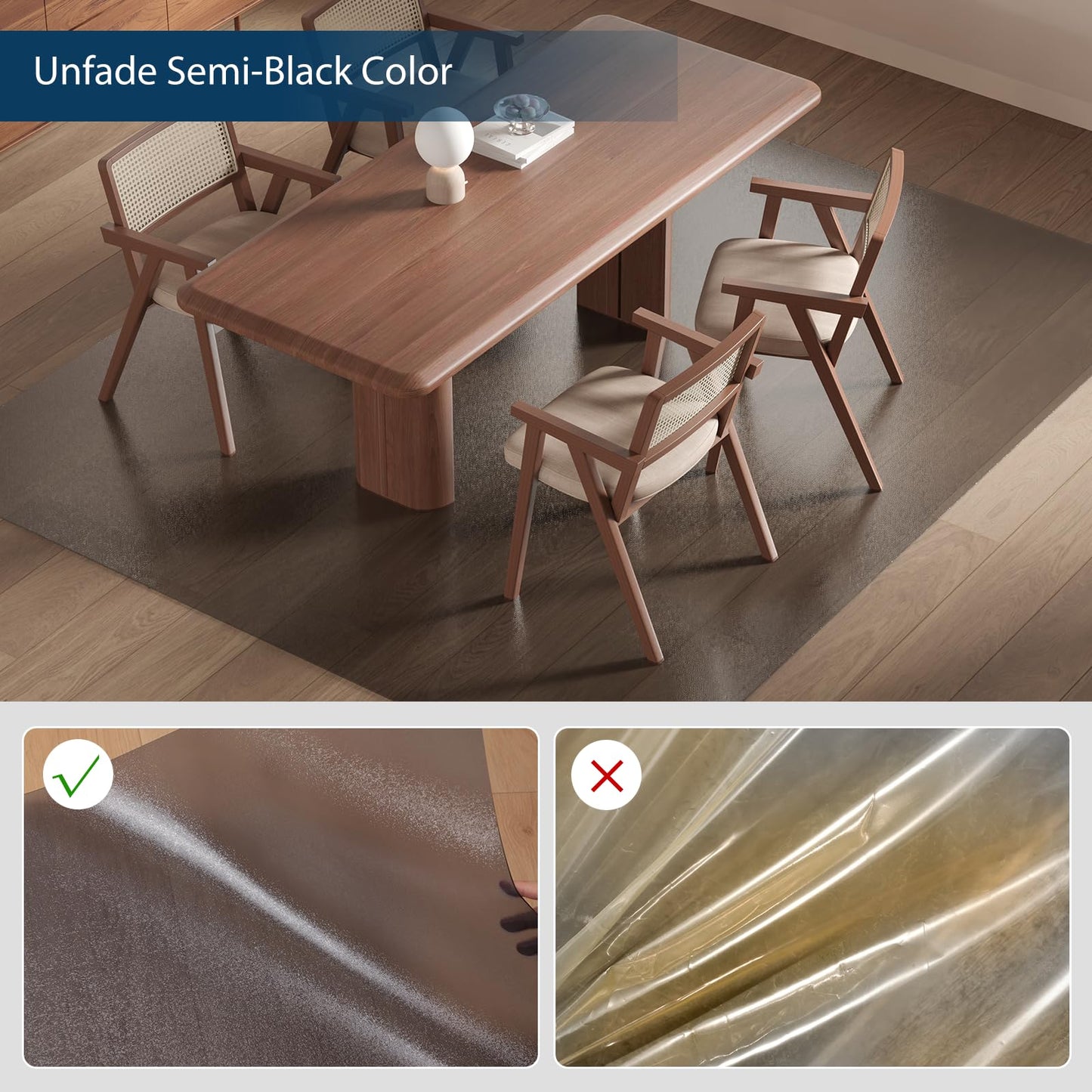 Floor Mats for Home, 5'×7' Translucent Black Vinyl Area Rug for Under Dining Table, Waterproof Non-Slip Hard Floor Living Room Rug, PVC Rolling Chair Protector for Workspace, High Traffic Areas