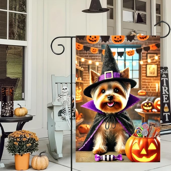 Happy Halloween Puppy Garden Flag Halloween Yorkie Flag for Outside Small 12x18 Double Sided,Fall Winter Witch Hat Dog Yard Flag Patio Room Garden Home Decor