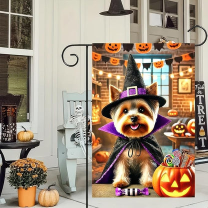 Happy Halloween Puppy Garden Flag Halloween Yorkie Flag for Outside Small 12x18 Double Sided,Fall Winter Witch Hat Dog Yard Flag Patio Room Garden Home Decor