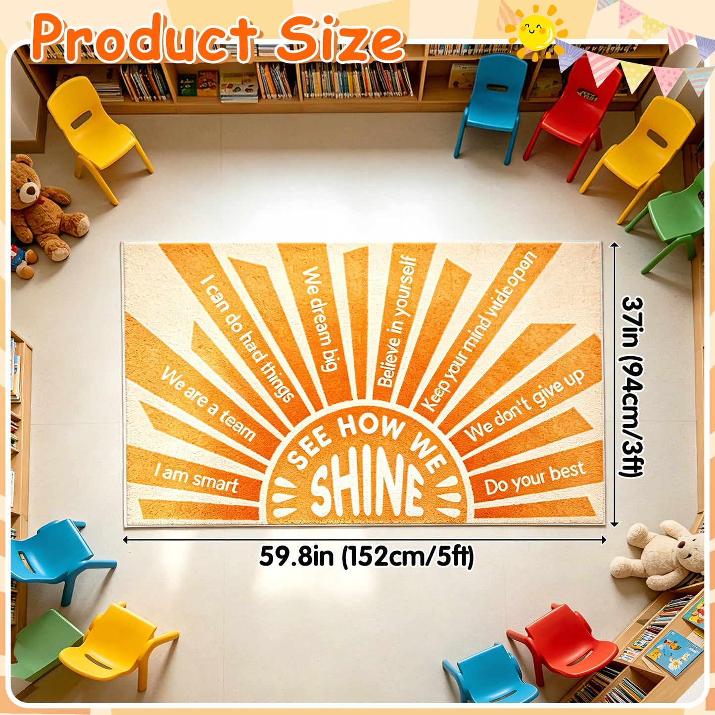 Positive Affirmation Classroom Rug 3'x5' Faux Cashmere Educational Learning Carpet with Sunshine Growth Mindset Quotes for Preschool Kindergarten Calm Down Corner Playroom Reading Living Room Decor