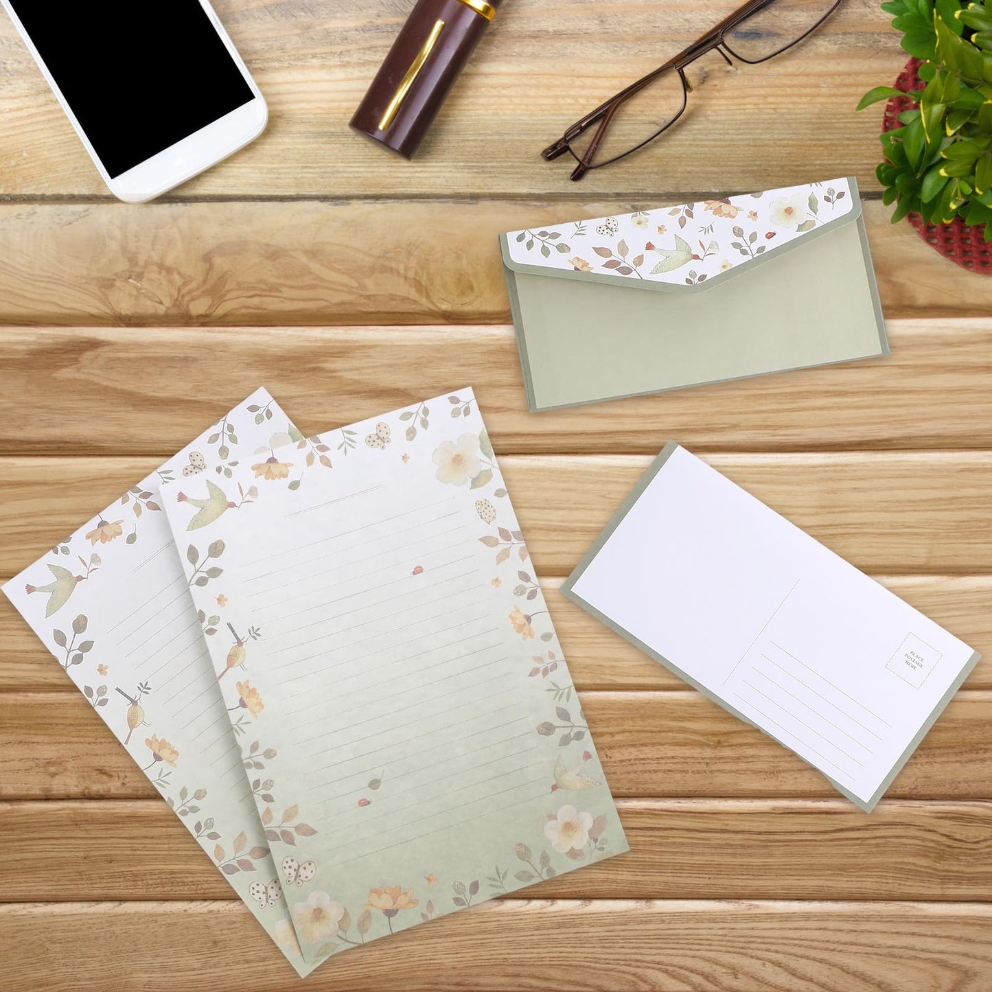 Laumoi 180 Pcs Stationery Papers and Envelopes Set Includes 60 Stationery Envelopes 120 Lined Stationery Writing Paper with 96 Colorful Round Dot Stickers, 10 Designs (Greenery)