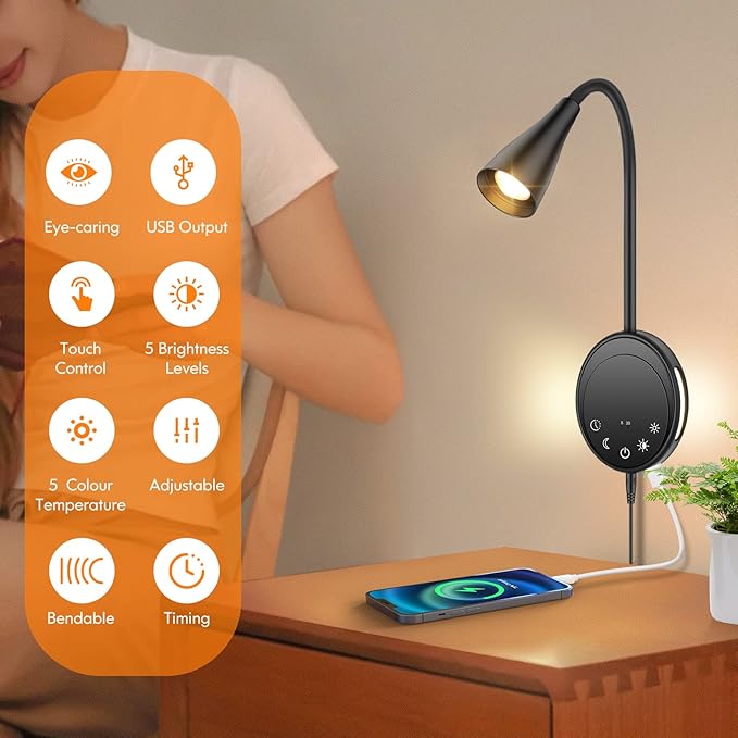 LED Wall Mount Reading Light, Bedside Reading Lights with Touch Control, 5 Dimmable, USB Output, Night Light & Timers, Flexible Gooseneck Headboard Bed Lights Wall Sconce