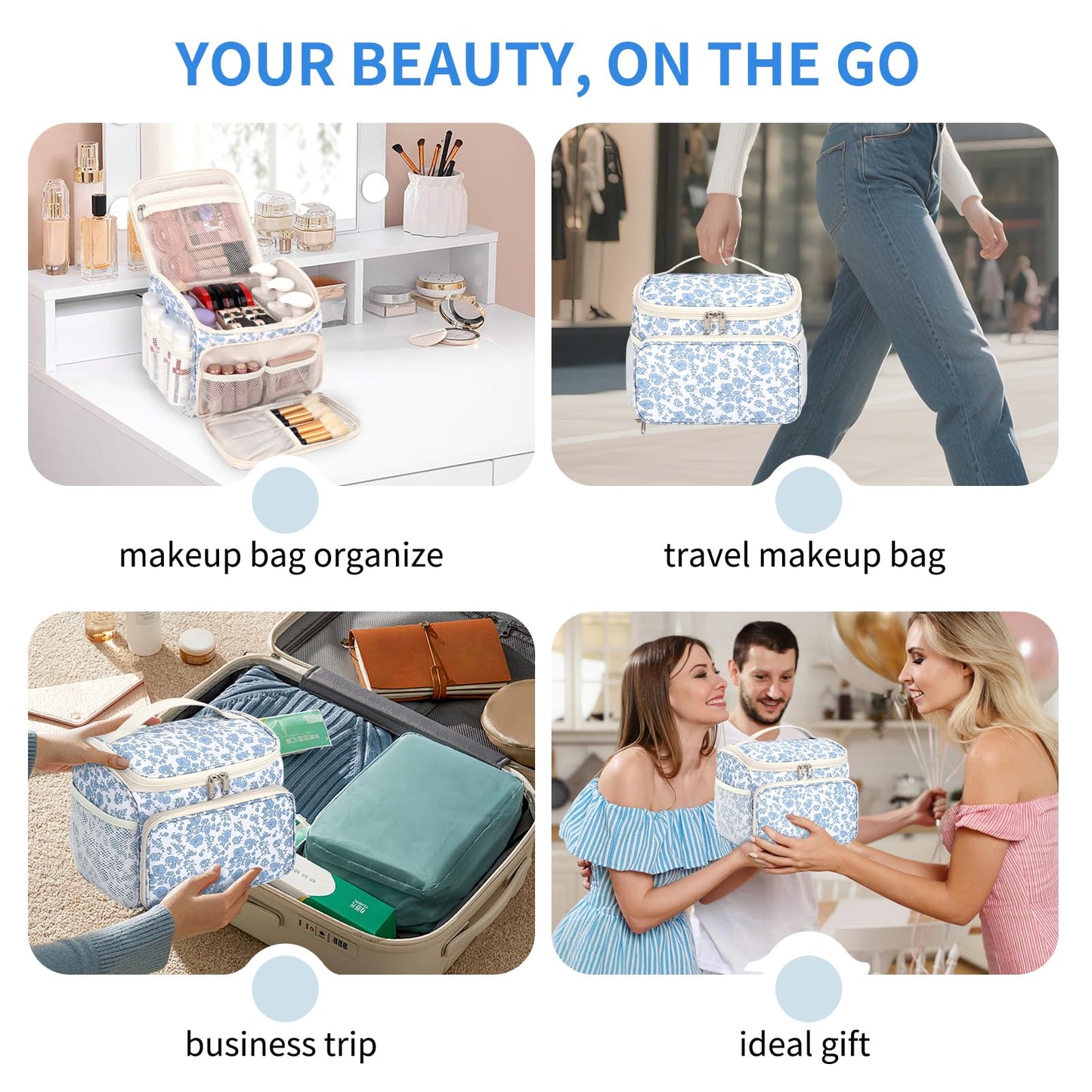 CUBETASTIC Travel Makeup Bag, Floral Make Up Bag with Brush Compartment, Vertical Storage Toiletry Bag with Partitions, Large Make Up Pouch for Women, Portable Makeup Case with Multi-Pockets