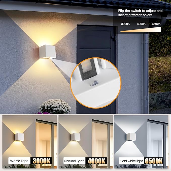 Outdoor Wall Lights & Indoor Wall Sconce White Square Wall Sconces Lights,3000K/4000K/6500K,15W Outdoor Sconce,Waterproof,Rust-Resistant,ETL Listed,1300LM,Adjustable Beam(4.33 Inch,1 Pack)