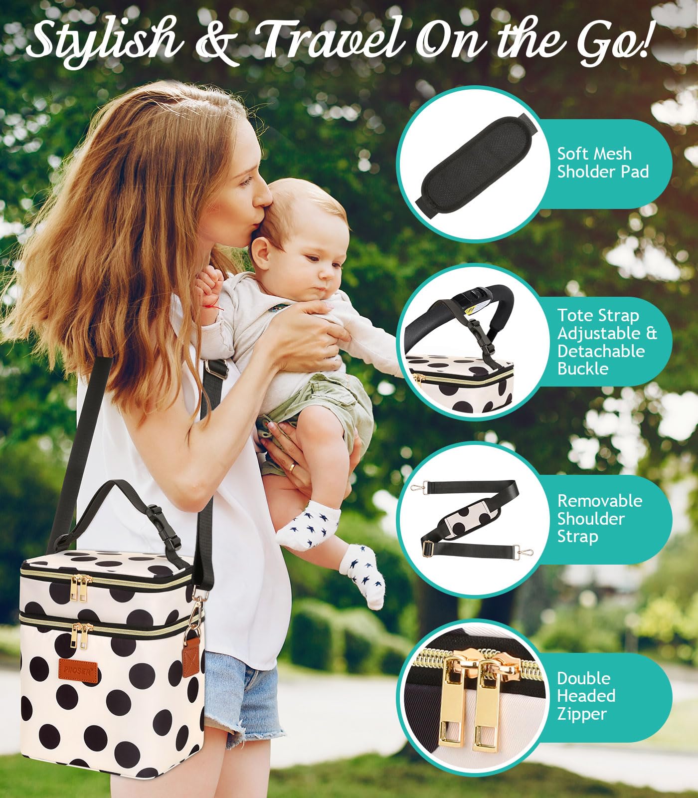 PIIOSER Breastmilk Cooler Bag with Ice Pack, Fits 6 Baby Bottles Up to 9 Oz, Stylish Baby Cooler Travel Bags with Shoulder Strap, Double Layer & Leakproof for Nursing & Working Moms, Black Polka Dots