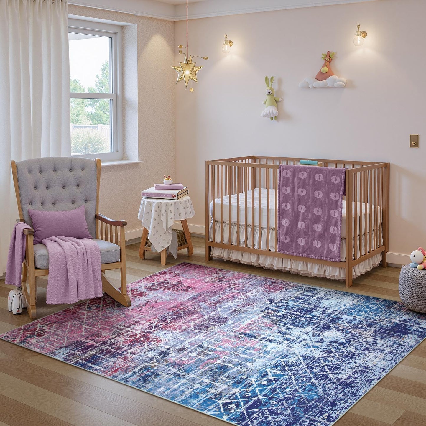 Zealude Boho Abstract Purple Pink Rugs for Bedroom Girls Kids, Washable 5x7 Preppy Colorful Area Rug for Living Dining Room, Non Slip Modern Pastel Carpet for Playroom Nursery Girls Room (5 x 7)