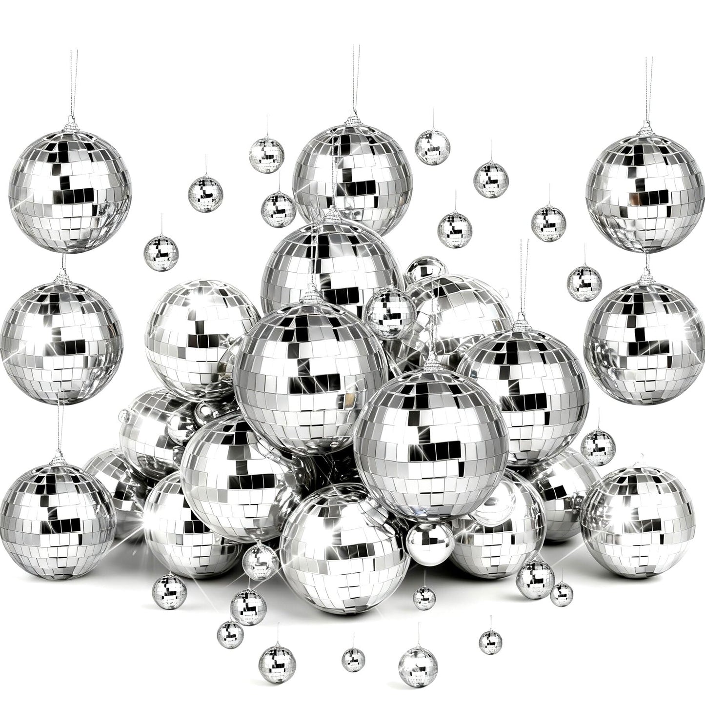 37 Pcs Mini Disco Mirror Ball Ornaments, Silver Disco Mirror Ball, Fun Silver Hanging for Party Decoration, Christmas Tree Ornaments Disco Ball Cup Toppers Wedding Birthday Party Festive Dance