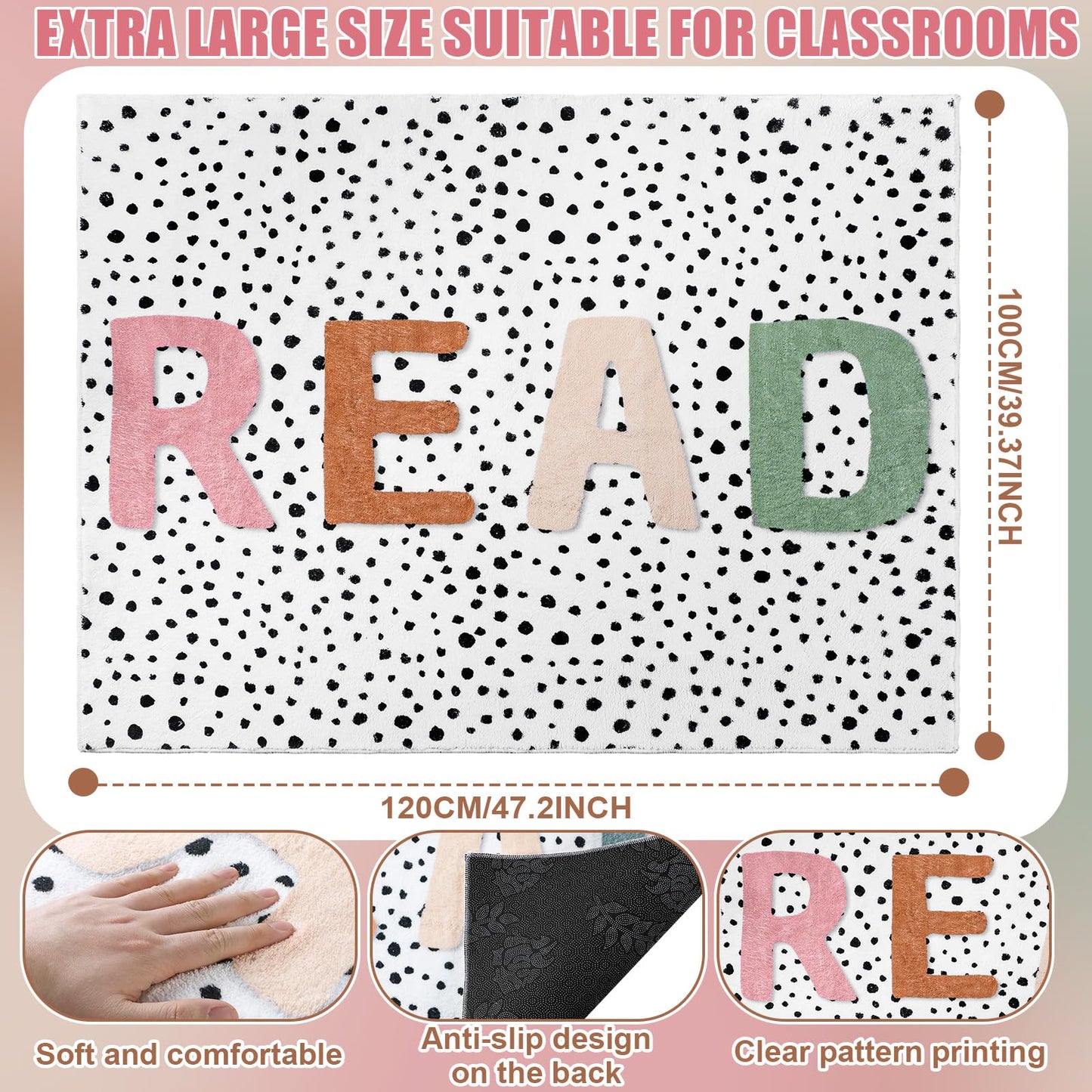 Dunzy Boho Classroom Read Rug 47x39 Inch Reading Corner Rug Back to School Decor Soft Pastel Anti Skid Read Carpets for Back to School Classroom Library Preschool Nursery Daycare Playroom