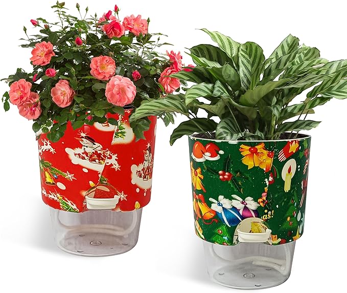 Print Flowerpots Round Plant Pots - 2 Pack Outdoor Garden Planter Plastic Indoor Modern Decorative Succulent Houseplant Pot with Drainage Christmas Day 4FP-CMRG