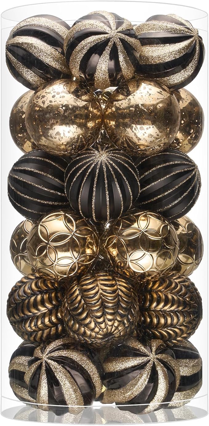 JORNOY Christmas Balls Ornaments, 30ct Shatterproof Xmas Tree Decorations, Hanging Bulbs Baubles Set with String for Holiday Home Party Decor, 2.36 inch/60mm, Black&Gold