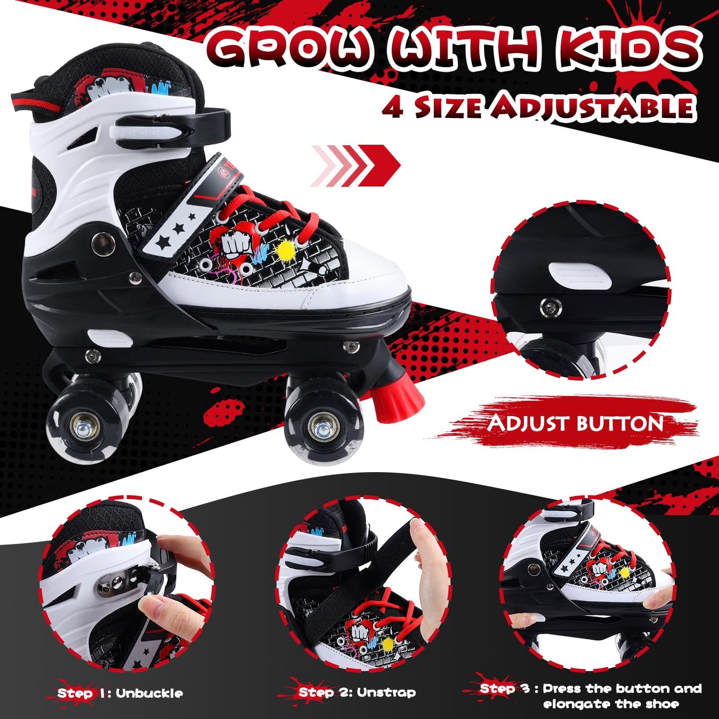 Kids Roller Skates, 4 Size Adjustable Quad Skates with All Light Up Wheels, 10C to 8 Rollerskates for Toddlers, Beginners, Boys, Girls, Outdoor, Indoor, Black, Large