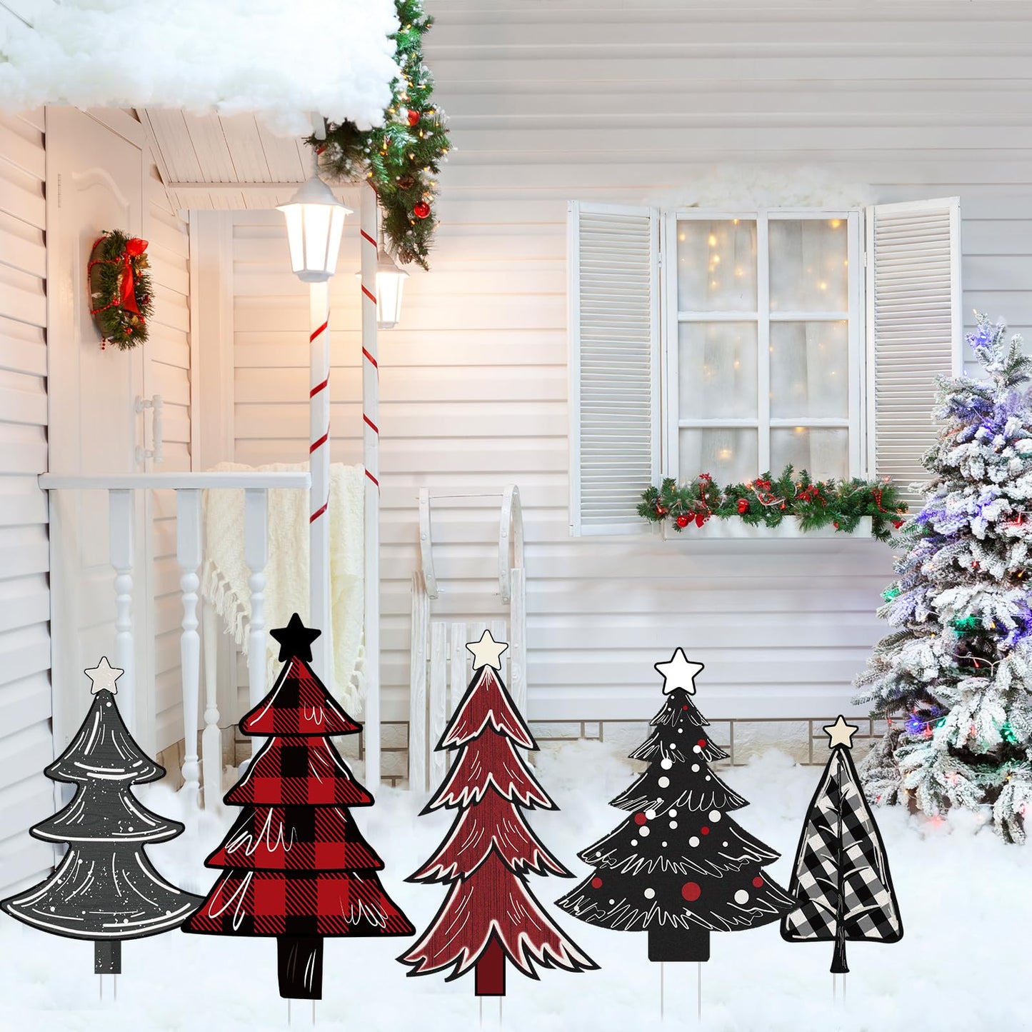5 PCS Christmas Tree Yard Signs - Outdoor Lawn Sign Decorations with Stakes for Xmas Winter Party Porch Lawn Walkway Decor