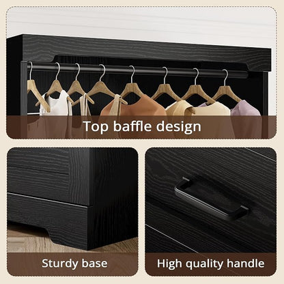 IRONCK Freestanding Closet System with 3 Wood Drawers, 31.5" Black | Modern armoire wardrobe with adjustable shelves & hanging rod, walk-in closet organizer for small spaces, space-saving design