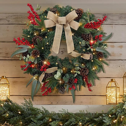 Christmas Lighted Wreath for Front Door, 28 Inches Pre-Lit 35 LED Lights, Natural Pine Cones Artificial Holiday Wreath for Indoor Outdoor Home Decorations