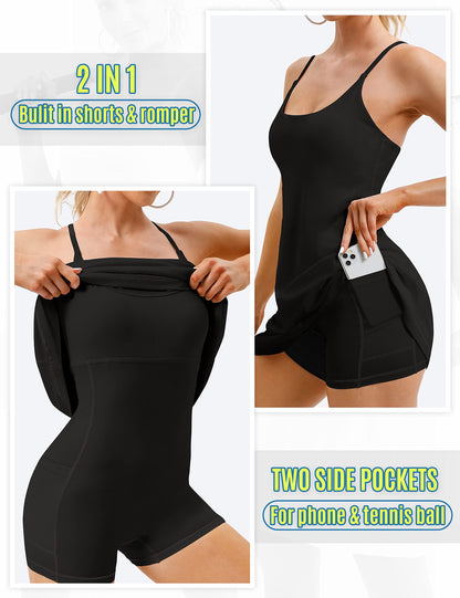 Womens Tennis Dress, Athletic Dress with Built-in Bra & Shorts Pockets Summer Dresses for Women Golf Outfits for Workout Black