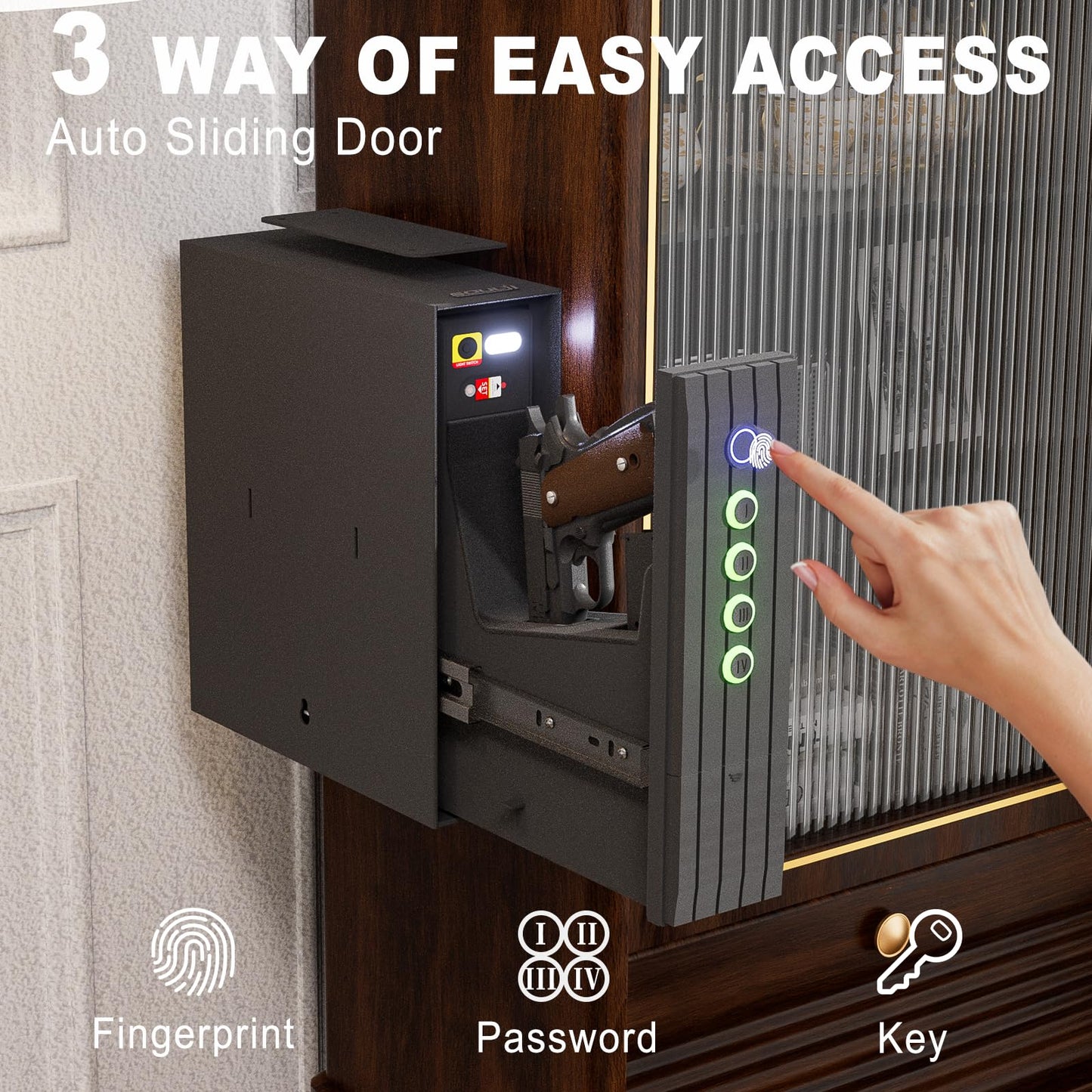 SOULYI Biometric Gun Safe for Handgun, 3 Way Quick Access Auto Sliding Door Bedside Pistol Safe for Nightstand, Desk, Vehicle with Fingerprint, PIN Code, Key Lock, LED Light, and Silent Mode