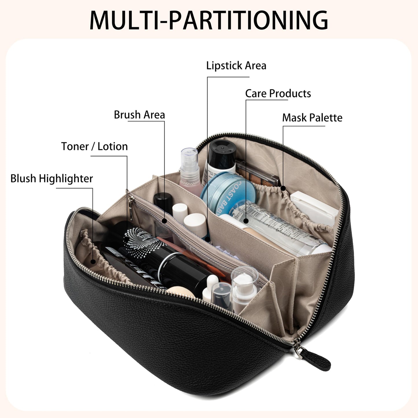 DORIS&JACKY Premium Leather Cosmetic Bag, Large Capacity Travel Makeup Case and Multi PocketsToiletry Storage Organizer with Divider and Tote Handle (1-Black)