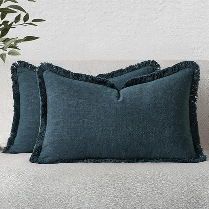 MIULEE Decorative Lumbar Throw Pillow Covers Neutral Linen Fringe Throw Pillows Set of 2 Navy Blue Boho Farmhouse Cushion Covers for Couch Sofa Bed Living Room Spring Home Decor 12x20 Inch
