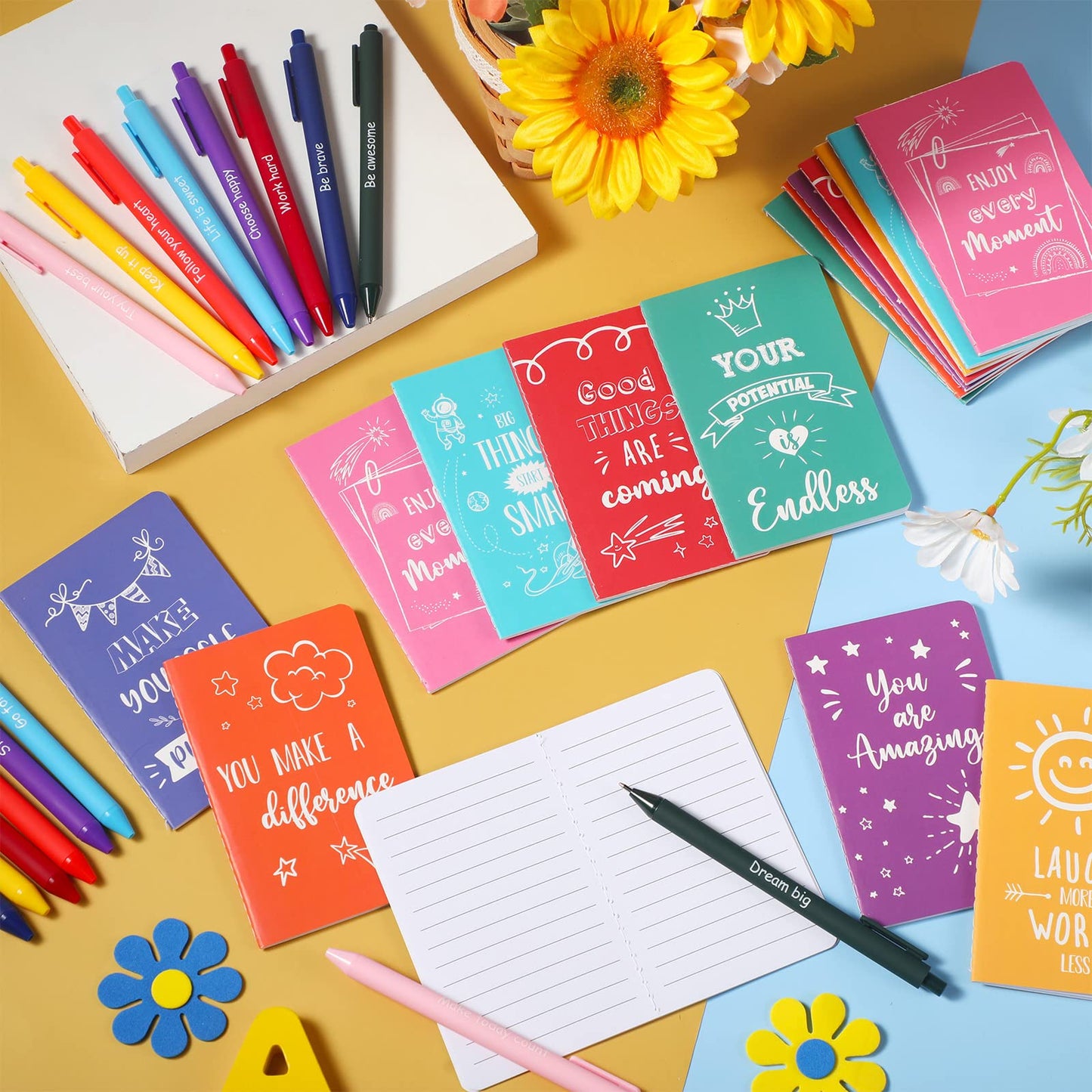 Funrous 32 Pcs Motivational Quote Pens Inspirational Notepads Mini Journal with Ballpoint Pen Small Notebooks Gift for Men Women Coworker Adult Party Favors Prize Teacher Student Office(Minimalistic)