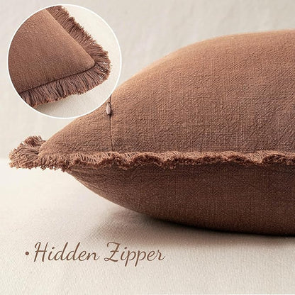 MIULEE Decorative Throw Pillow Covers Neutral Linen Fringe Throw Pillows Set of 2 Brick Boho Farmhouse Cushion Covers with Tassels for Couch Sofa Bed Living Room Spring Home Decor 16x16 Inch