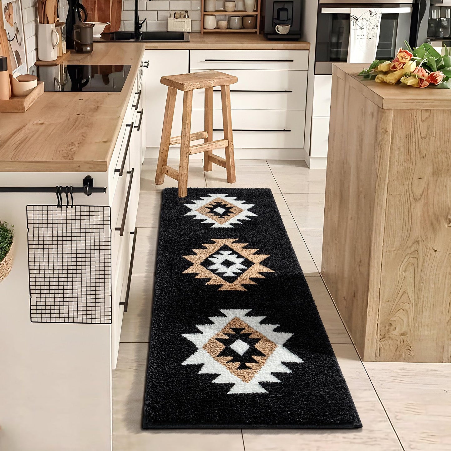 DEXDE Boho Bathroom Rugs Runner 20x47, Black Aztec Western Bath Mat Non Slip Long Luxury Large Bath Rugs Soft Absorbent Carpet for Shower Kitchen Entryway Modern