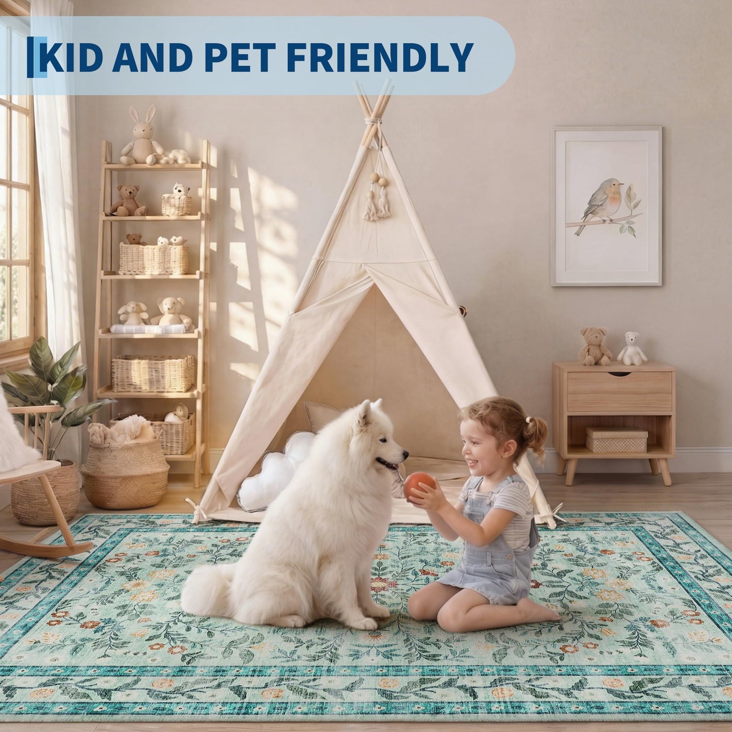 Garvee Area Rug 5x7 for Living Room, Washable Floral Low Pile Rug, Soft Non Slip Carpet for Living Room, Bedroom, Dining Room, Light Green