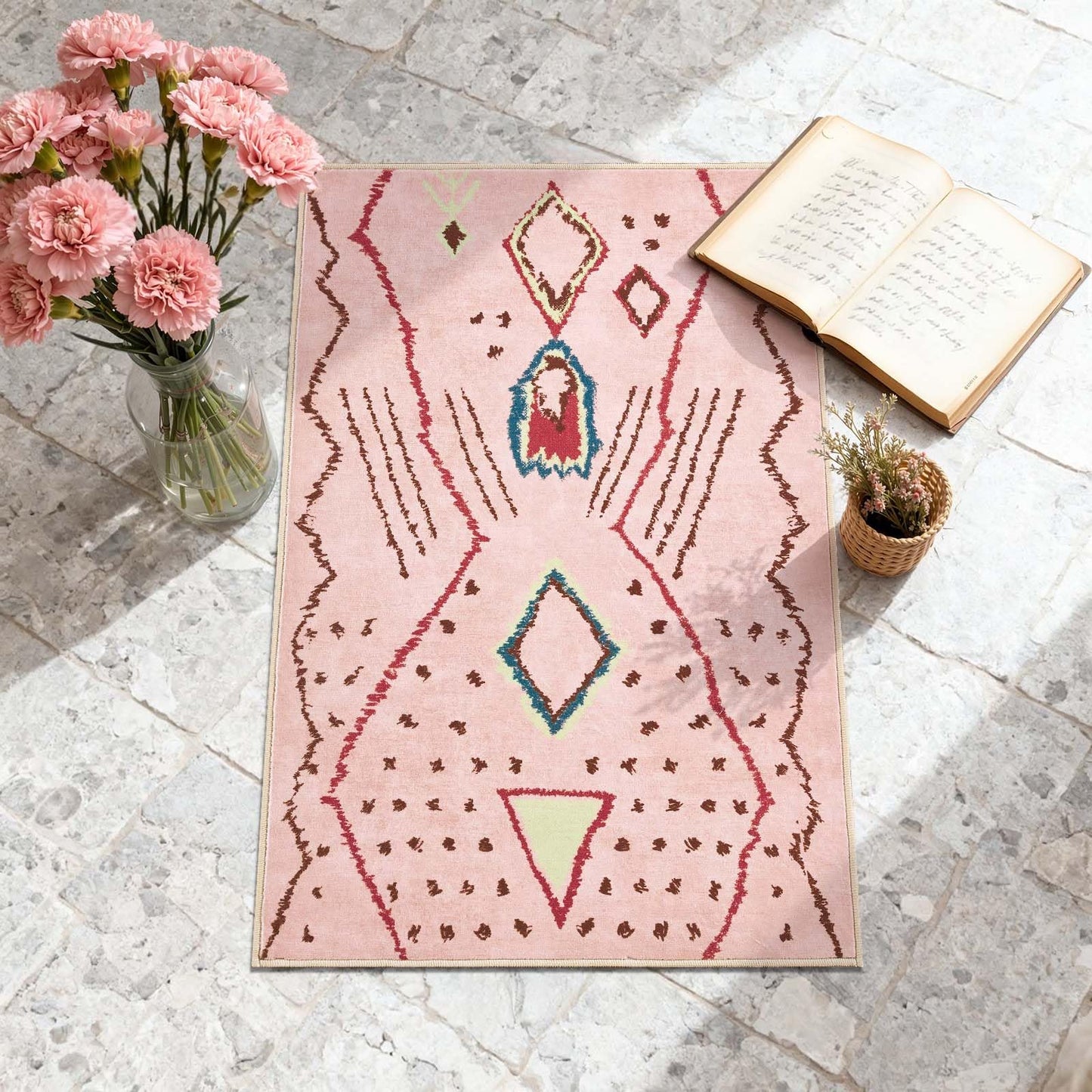 jinchan 2x3 Entryway Rug Pink Washable Modern Boho Rug Geometric Hot Nerd Doormat Soft Low Pile Non Slip Accent Small Mat Lightweight Cozy Throw Carpet for Kitchen Bathroom Laundry Room Study Dorm