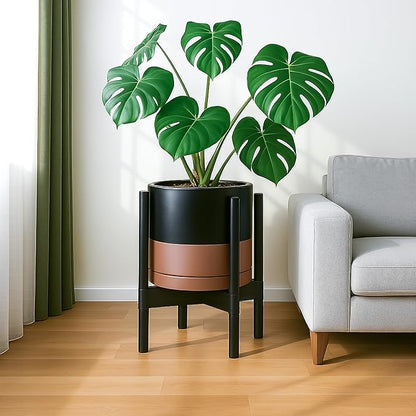D'vine Dev Ceramic Planter with Ebony Stand - 12 Inch Modern Round Flower Pot with Wood Planter Holder, Black/Speckled Tan, 55-B-H-7