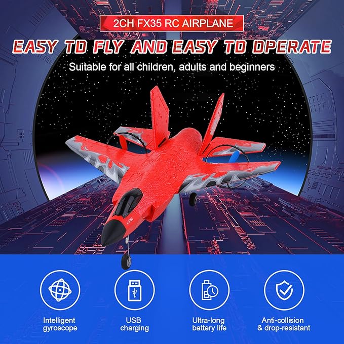 RC Plane 2CH RC Airplane Toys HW39 Fighter 2.4GHz Remote Control Plane RC Airplane RTF Ready to Fly for Beginner Kids and Adults F35 Aeroplane with Night Lights USB Charging (Red)