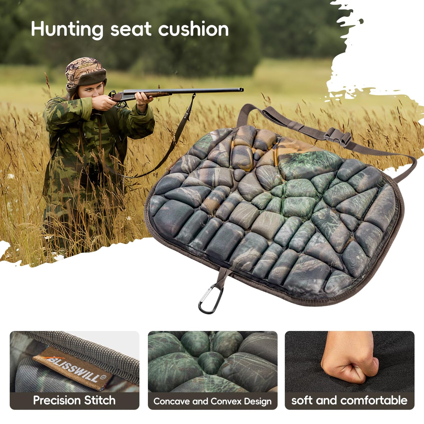 BLISSWILL Hunting seat Cushion，Stadium Cushion，100% Memory Foam Silent Lightweight for Camping, Hunting, Fishing，Camping，Outdoor