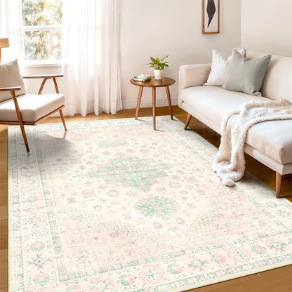 MUJOO 5x7 Area Rugs Washable,Boho Rug for Living Room Bedroom Dining Room Office,Large Throw Carpet,Non Slip Big Soft Indoor Low Pile Light Pink and Green