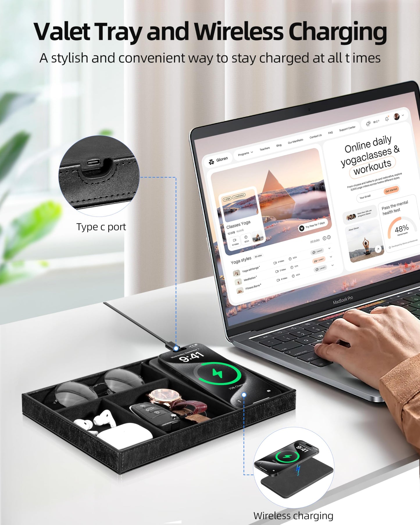 Investme Valet Tray with Wireless Charger, Nightstand Organizer for Men, EDC Catchall Tray for Keys, Watch, Wallet, Jewellery, Premium Vegan Leather, Bedside Caddy, Stylish and Organized, PU Black