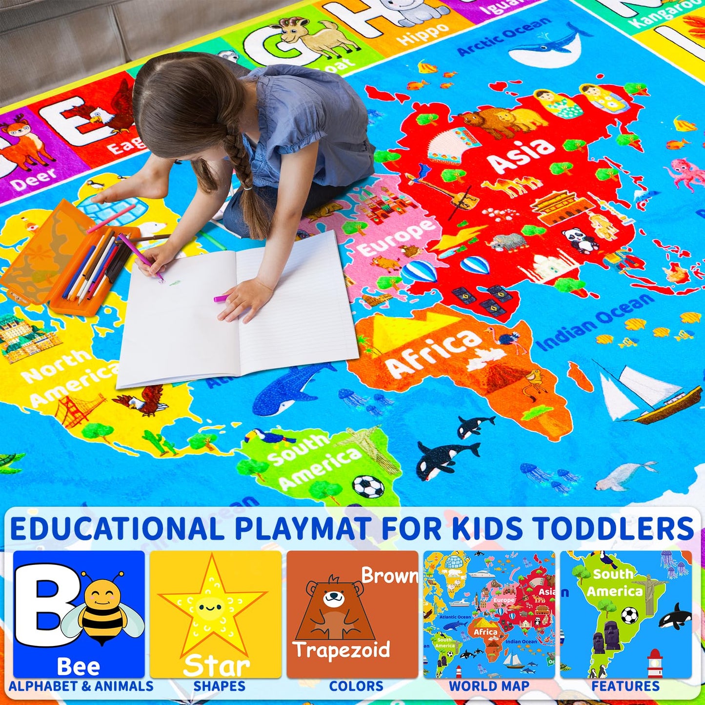World Map ABC Kid Rug for Playroom Geography 59"×39.4" Classroom Play Carpet Educational Baby Playmat Alphabet Mat for Primary School Fluffy Ployester Non-Slip Preschool Rug for Nursery Room