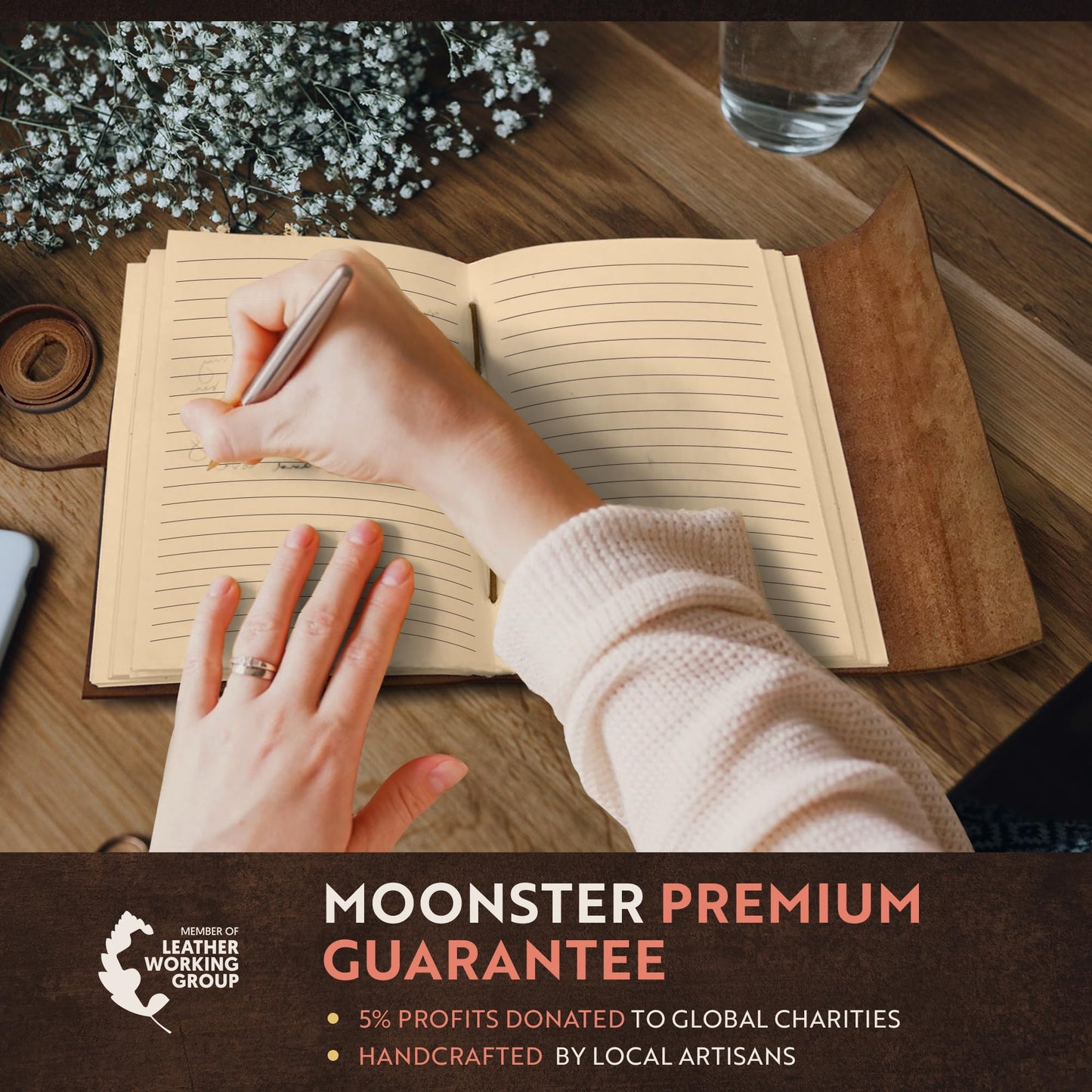 moonster Leather Journal with Embossed Heart Shape - Non Refillable 8x6″ Lined Notebook - 400 Pages College Ruled Kraft Paper - Inspirational Small Notebook - Leather Journals for Women
